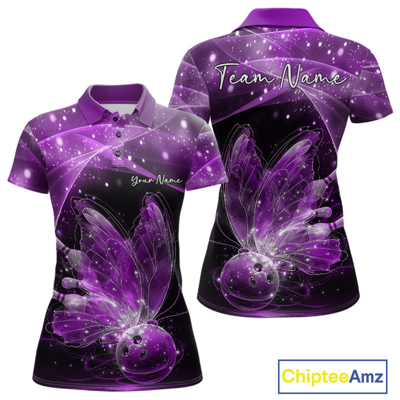 Custom Ethereal Purple Butterfly Bowling Team Women Polo Shirts, Ladies Bowling Outfit IPHW10245