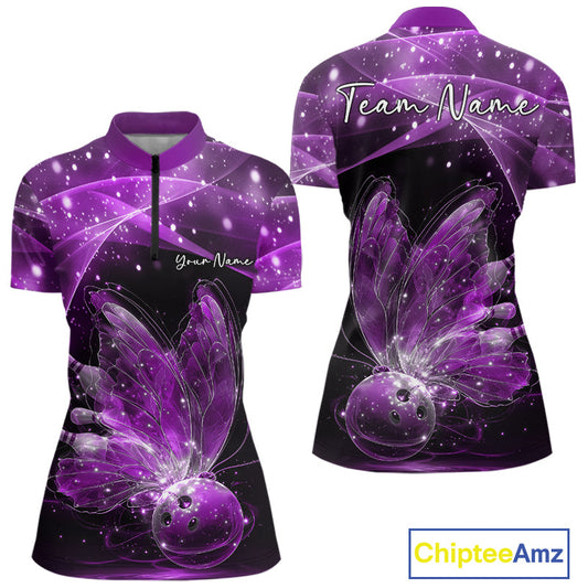 Custom Ethereal Purple Butterfly Bowling Women Quarter-Zip Shirts, Ladies Bowling Outfit IPHW10245