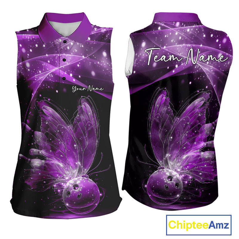 Custom Ethereal Purple Butterfly Bowling Team Women Sleeveless Polo Shirts, Ladies Bowling Outfit IPHW10245