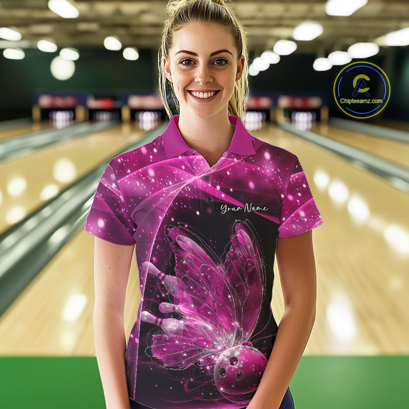 Custom Ethereal Pink Butterfly Bowling Team Women Polo Shirts, Ladies Bowling Outfit IPHW10246