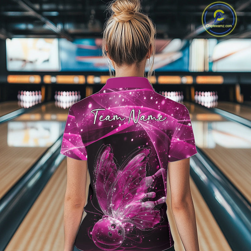 Custom Ethereal Pink Butterfly Bowling Team Women Polo Shirts, Ladies Bowling Outfit IPHW10246