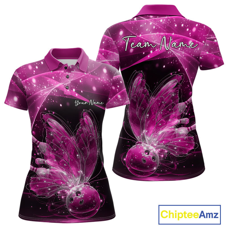 Custom Ethereal Pink Butterfly Bowling Team Women Polo Shirts, Ladies Bowling Outfit IPHW10246