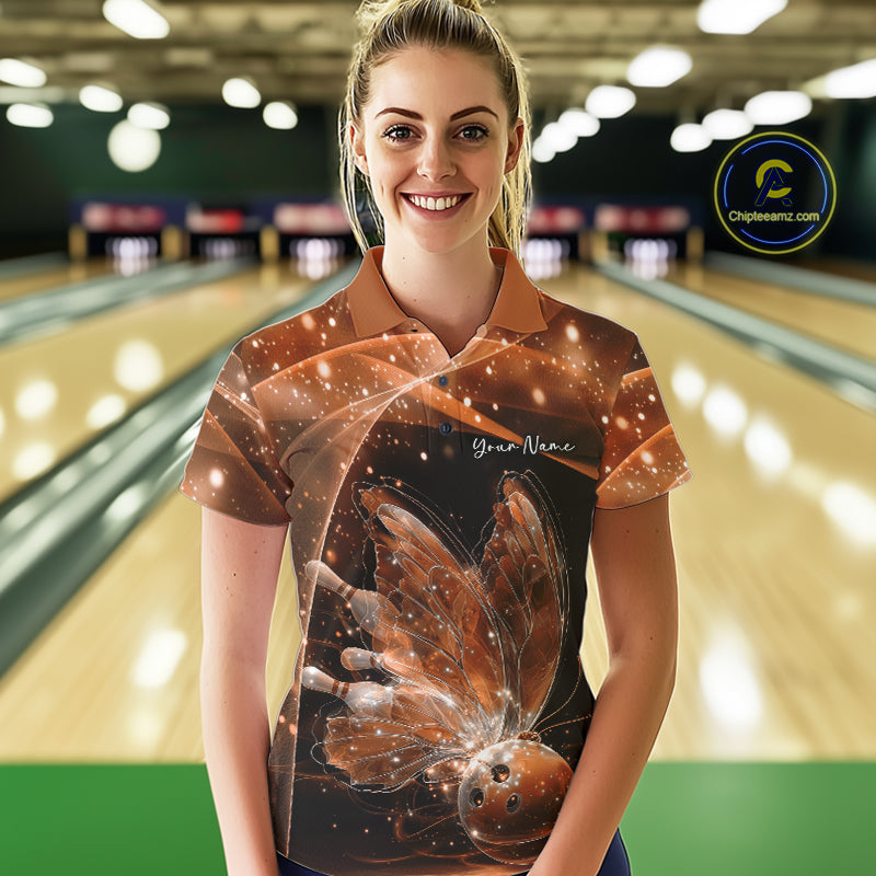 Custom Ethereal Orange Butterfly Bowling Team Women Polo Shirts, Ladies Bowling Outfit IPHW10247
