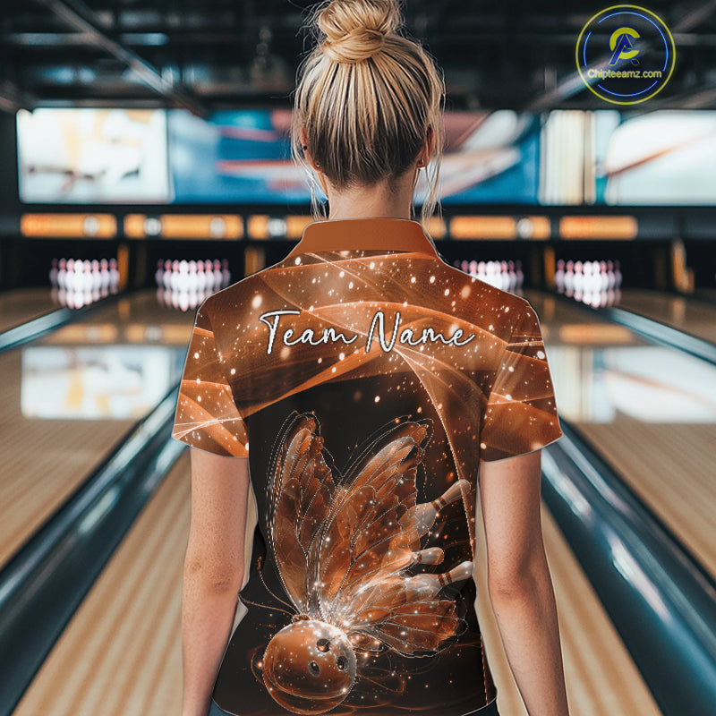 Custom Ethereal Orange Butterfly Bowling Team Women Polo Shirts, Ladies Bowling Outfit IPHW10247