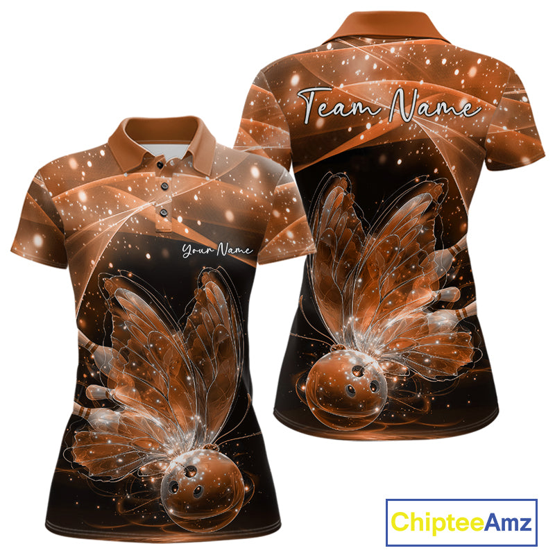 Custom Ethereal Orange Butterfly Bowling Team Women Polo Shirts, Ladies Bowling Outfit IPHW10247