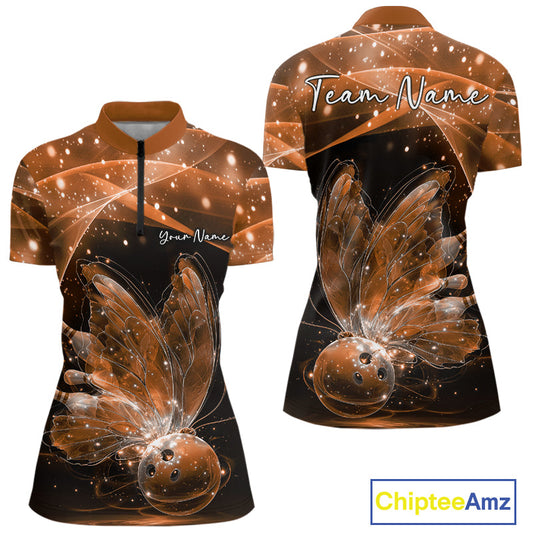 Custom Ethereal Orange Butterfly Bowling Women Quarter-Zip Shirts, Ladies Bowling Outfit IPHW10247