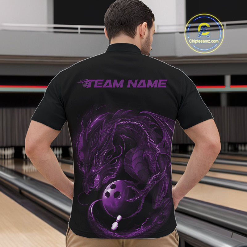 Custom Black And Purple Dragon Bowling Shirts, Bowling League Shirt Dragon Men Jersey IPHW10704