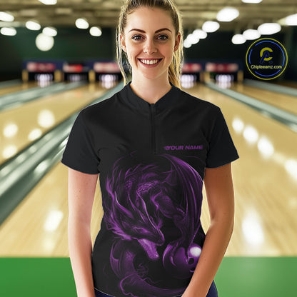 Custom Black And Purple Dragon Bowling Shirts, Bowling League Shirt Dragon Women Jersey IPHW10704