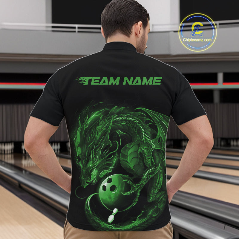 Custom Black And Green Dragon Bowling Shirts, Bowling League Shirt Dragon Men Jersey IPHW10705