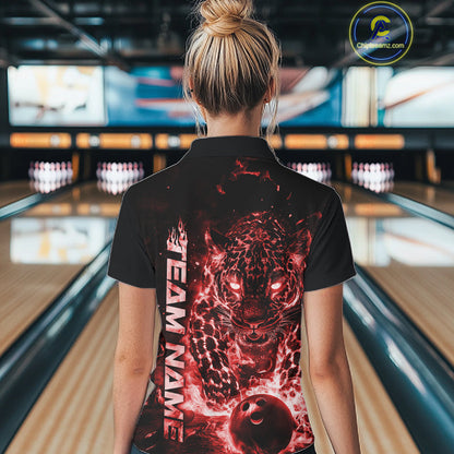 Custom Red Flaming Leopard Bowling Shirts For Women, Fire Bowling Team Shirt Bowler IPHW10712