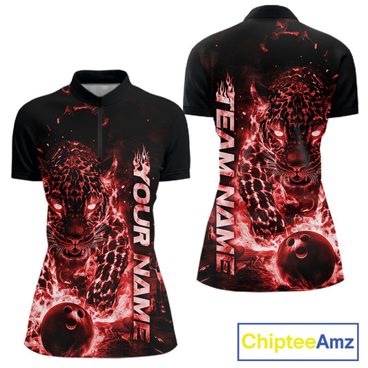 Custom Red Flaming Leopard Bowling Shirts For Women, Fire Bowling Team Shirt Bowler IPHW10712