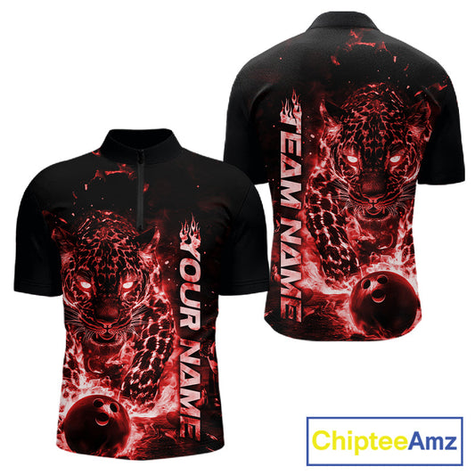 Custom Red Flaming Leopard Bowling Shirts For Men, Fire Bowling Team Shirt Bowler Uniform IPHW10712