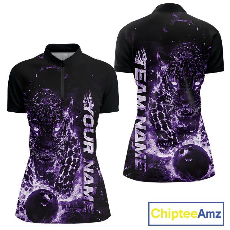 Custom Purple Flaming Leopard Women Bowling Shirts, Fire Bowling Team Shirt Bowler IPHW10713