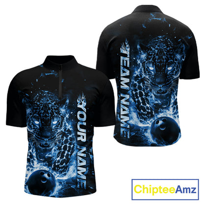 Custom Blue Flaming Leopard Men Bowling Shirts, Fire Bowling Team Shirt Bowler Uniform IPHW10714