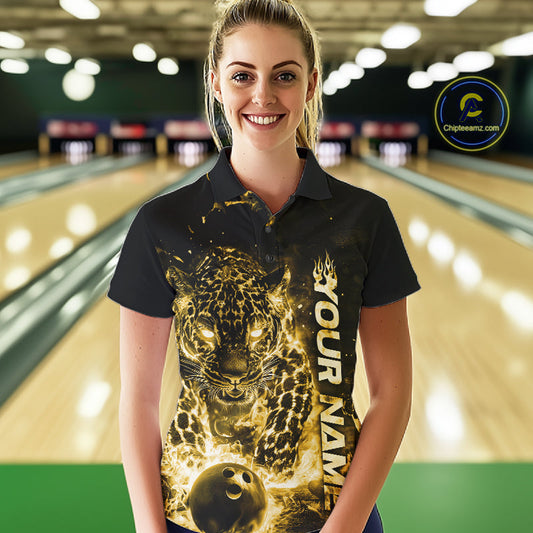Custom Yellow Flaming Leopard Women Bowling Shirts, Fire Bowling Team Shirt Bowler Uniform IPHW10716