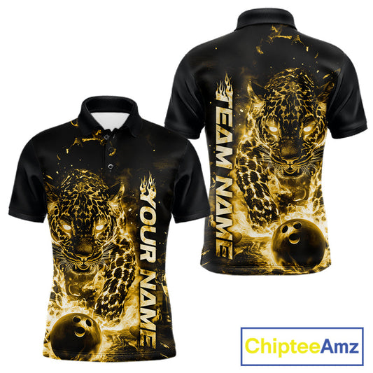 Custom Yellow Flaming Leopard Men Bowling Shirts, Fire Bowling Team Shirt Bowler Uniform IPHW10716