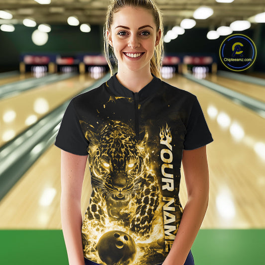 Custom Yellow Flaming Leopard Women Bowling Shirts, Fire Bowling Team Shirt Bowler IPHW10716