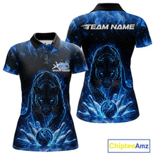 Load image into Gallery viewer, Custom Black And Blue Flame Leopard Bowling Women Polo Shirt, Bowling League Team Shirt IPHW11253