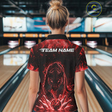 Load image into Gallery viewer, Custom Black And Red Flame Leopard Bowling Women Polo Shirt, Bowling League Team Shirt IPHW11254
