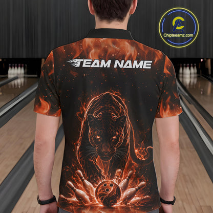 Back view of a male model in a bowling lane wearing a black polo shirt featuring glowing orange electric panther design with bowling strike action artwork.