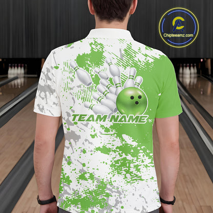 Back view of a male model in a bowling lane wearing a green and white splatter polo shirt featuring simple athletic bowling graphics.