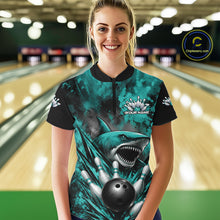 Load image into Gallery viewer, Person wearing a custom bowling shirt with a shark design in a bowling alley.