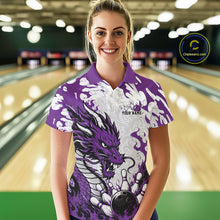 Load image into Gallery viewer, Woman wearing a purple and white bowling shirt with a dragon design in a bowling alley.