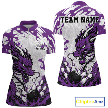Purple and white bowling shirt with dragon design on a white background