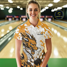 Load image into Gallery viewer, Woman wearing a bowling shirt with a dragon design in a bowling alley.