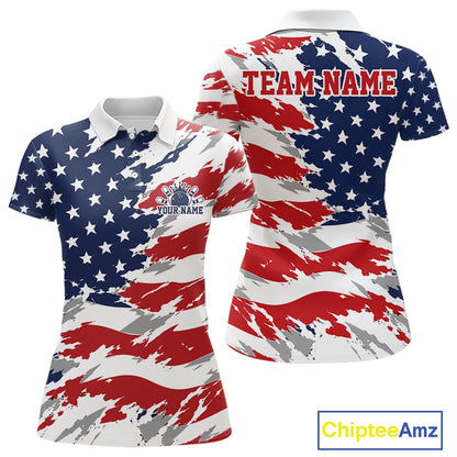 Polo shirt with American flag design and customizable text on a white background
