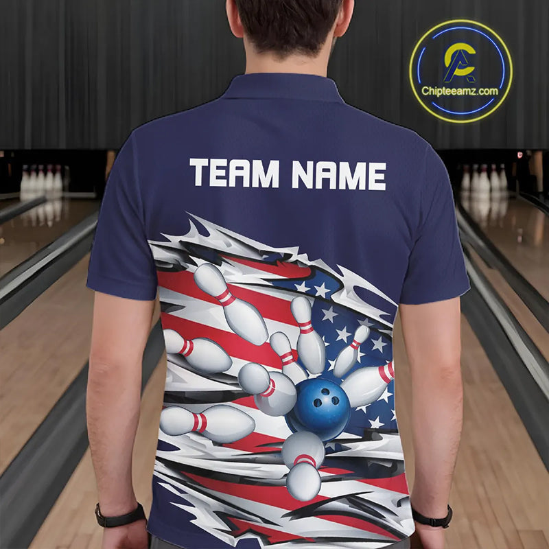 Custom Patriotic Bowling Shirts For Men, US Bowling League Shirts Uniform | Navy IPHW7433