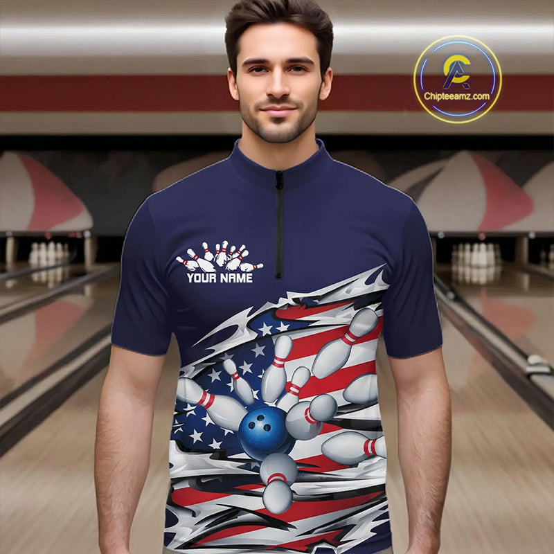 Custom Patriotic Bowling Shirts For Men, US Bowling League Shirts Uniform | Navy IPHW7433