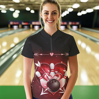 Custom Valentine Bowling Heart Quarter-Zip Shirts For Women, Couple Bowling Outfits IPHW8367
