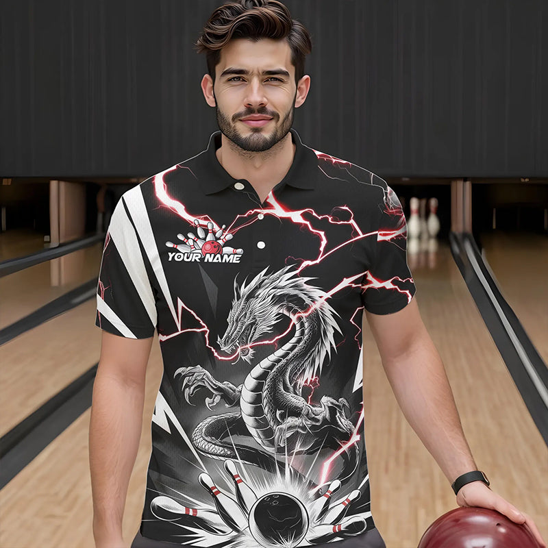 Custom Black And Red Thunder Lightning Dragon Bowling Team Polo Shirts For Men IPHW8556