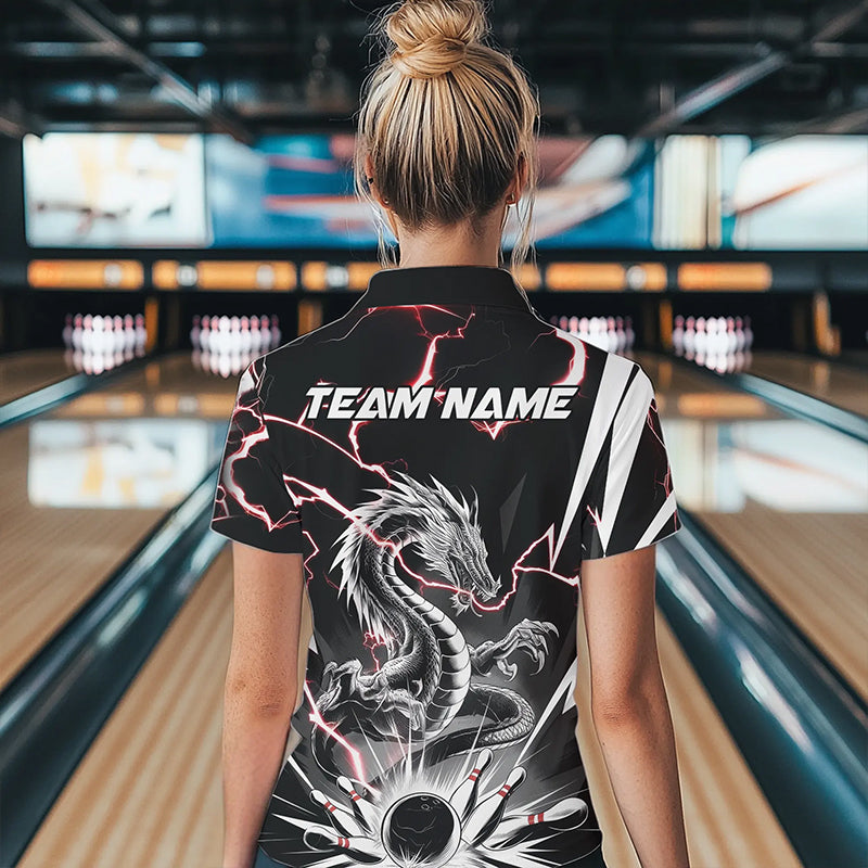 Custom Black And Red Thunder Lightning Dragon Bowling Team Quarter-Zip Shirts For Women IPHW8556