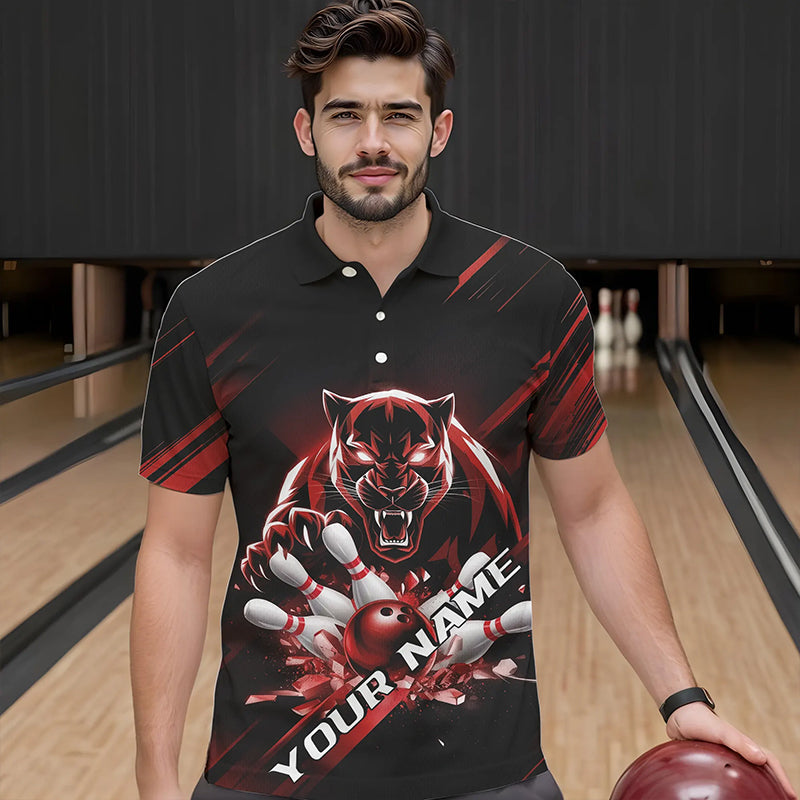 Custom Black And Red Panther Bowling Polo Shirts For Men, Bowling Team Uniform IPHW8564