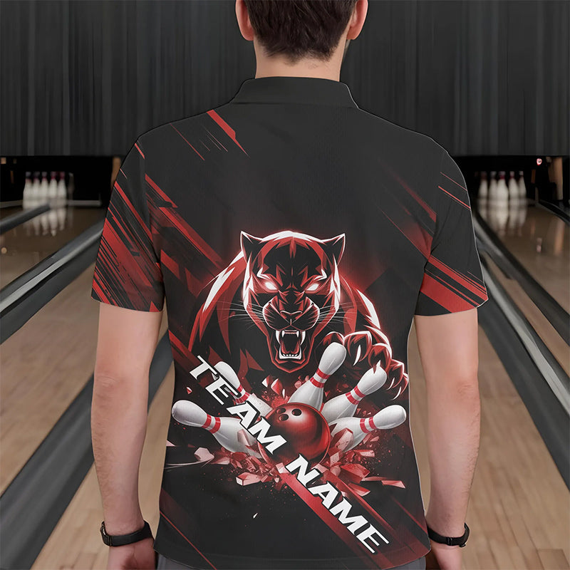 Custom Black And Red Panther Bowling Polo Shirts For Men, Bowling Team Uniform IPHW8564