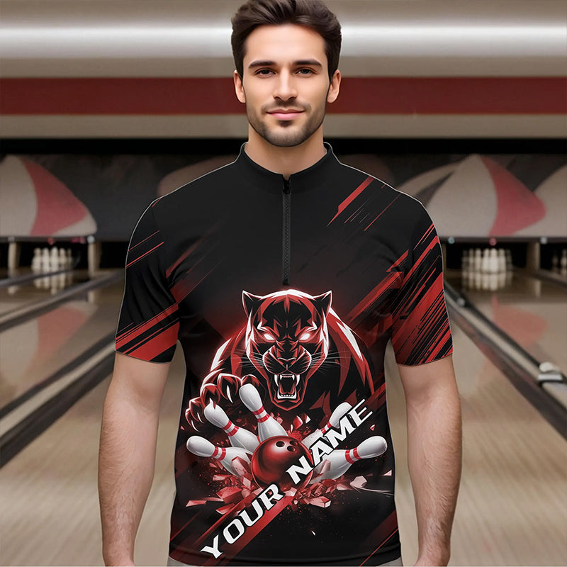 Custom Black And Red Panther Bowling Quarter-Zip Shirts For Men, Bowling Team Uniform IPHW8564