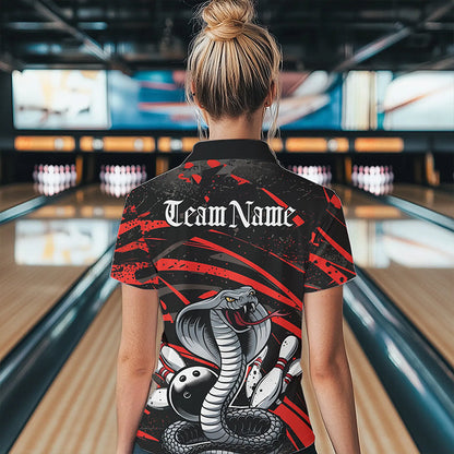 Custom Black And Red Cobra Snake Bowling Womens Quarter-Zip Shirts, Bowling League Shirts IPHW8565