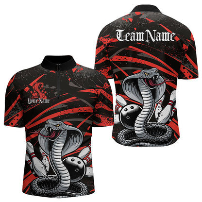 Custom Black And Red Cobra Snake Bowling Team Quarter-Zip Shirts For Men, Bowling League Shirts IPHW8565