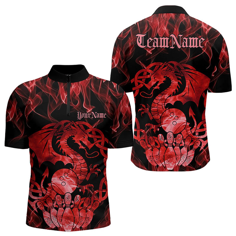 Custom Red Fire Flame Viking Dragon Bowling Quarter-Zip Team Shirts For Men, Celtic Bowling Shirts IPHW8873