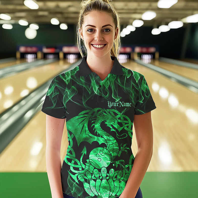 Custom Green Fire Flame Viking Dragon Bowling Women Polo Team Shirts, Celtic Bowling Shirts IPHW8875