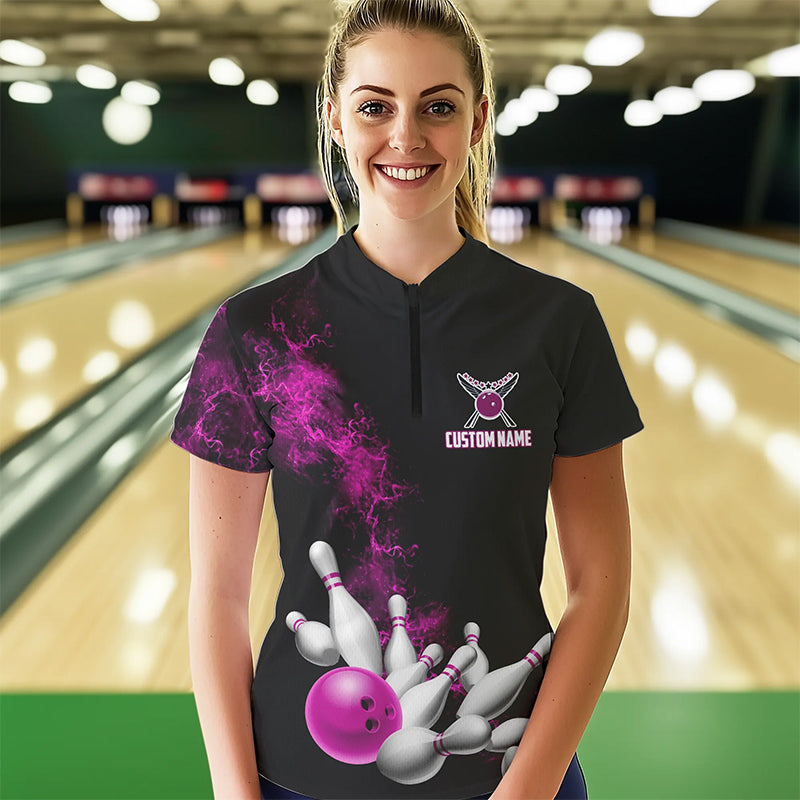 Custom Pink Strike Bowling Women Quarter-Zip Shirts Team Jerseys Bowling League Shirts IPHW8880