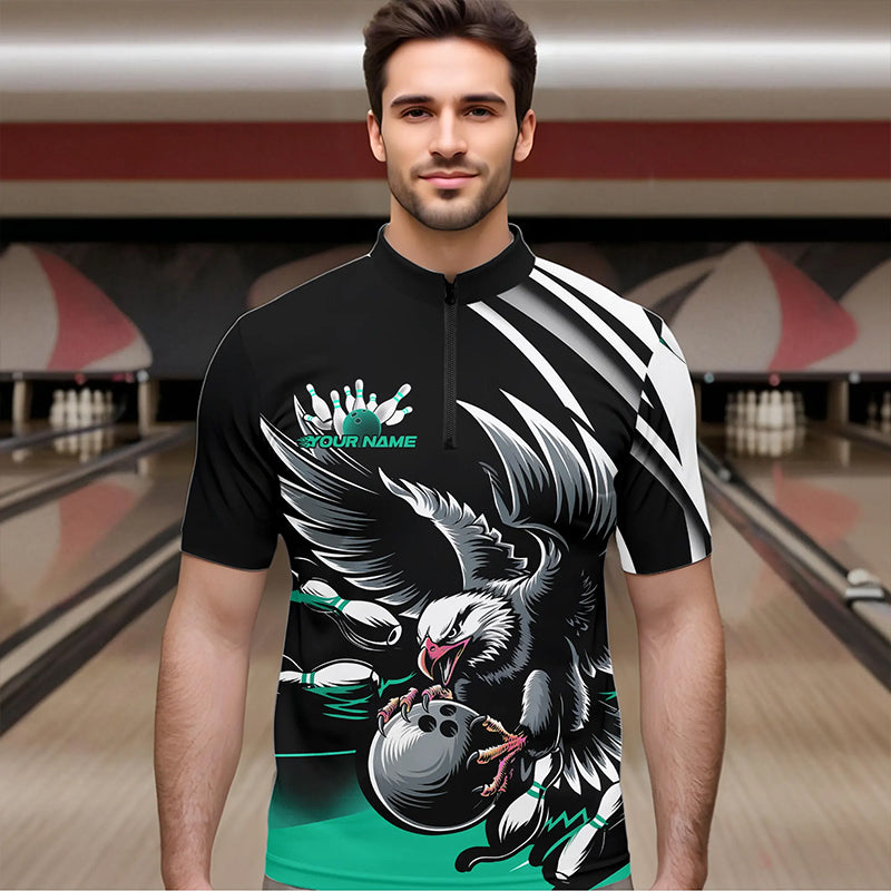 Custom Black And Blue Eagle Bowling Jerseys, Bowling Team Men Quarter-Zip Shirts Bowlers Outfits IPHW8887