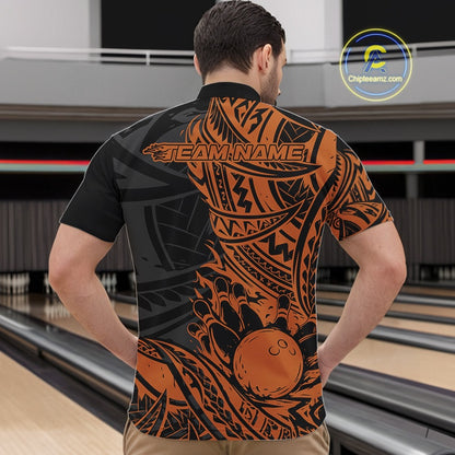 Custom Black And Orange Maori Style Koru Spiral Tribal Men Bowling Quarter-Zip Team Shirt IPHW10958