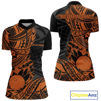 Custom Black And Orange Maori Style Koru Spiral Tribal Women Bowling Quarter-Zip Shirt IPHW10958