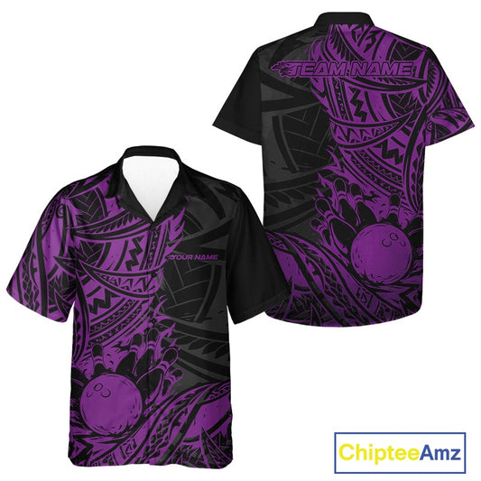 Black and purple bowling shirt with customizable text on a white background
