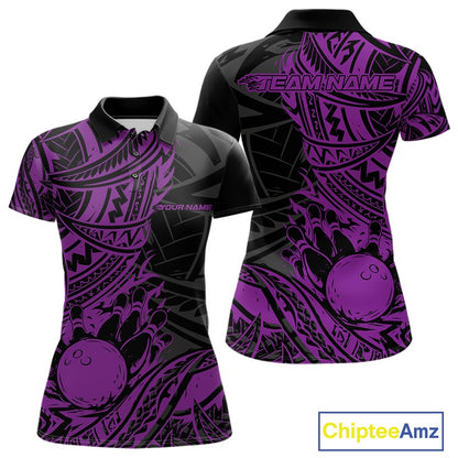 Custom Black And Purple Maori Style Koru Spiral Tribal Women Bowling Polo Team Shirt IPHW10959