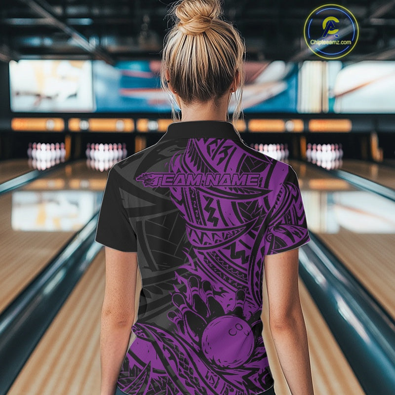 Custom Black And Purple Maori Style Koru Spiral Tribal Women Bowling Polo Team Shirt IPHW10959