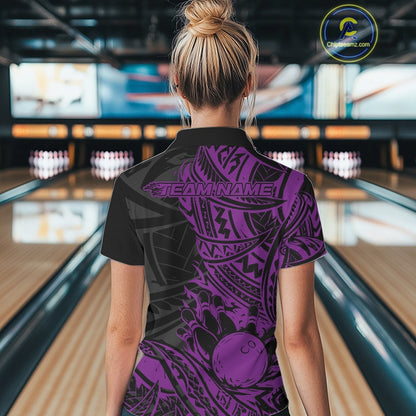 Custom Black And Purple Maori Style Koru Spiral Tribal Women Bowling Polo Team Shirt IPHW10959